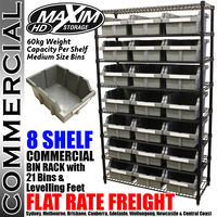 MAXIM HD 8 Shelf Commercial Bin Rack with 21 Grey Bins with Levelling Feet  (Available May 31, 2024)
