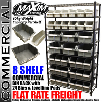 MAXIM HD 8 Shelf Commercial Bin Rack System with 24 Grey Bins Levelling Feet (Available May 31, 2024) 