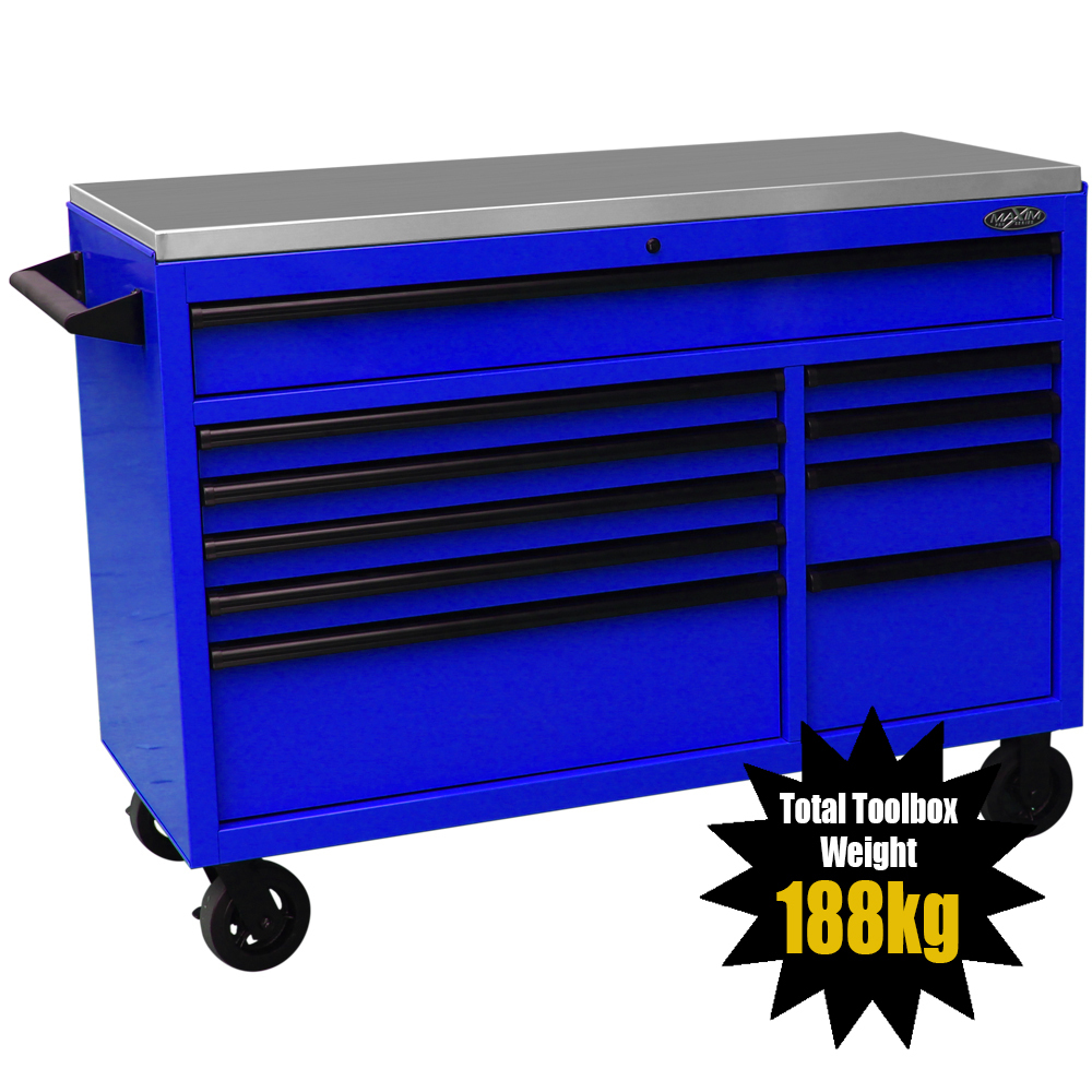 MAXIM 54” Blue Roll Cabinet Toolbox with 10 Drawers & Stainless Top -  Professional Mechanic Tool Box