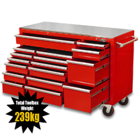 MAXIM Red 60” Roll Cabinet 17 Drawers Toolbox Stainless Steel Top - Latch Lock on Drawers