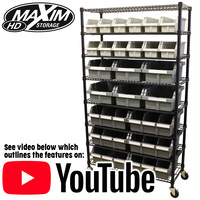 MAXIM Commercial Bin Rack Bin Rack with 24 Grey Bins Wheels Mobile Racking