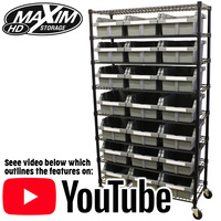 MAXIM HD 8 Shelf Commercial Bin Rack with 21 Grey Bins Wheels Mobile Racking