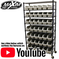 MAXIM HD 8 Shelf Commercial Bin Rack with 42 Grey Bins Wheels Mobile