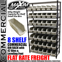 MAXIM HD 8 Shelf Commercial Bin Rack with 42 Grey Bins on Levelling Feet