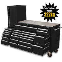 MAXIM Black 80” Workstation 23 Drawer Toolbox Stainless Steel Top - Latch Lock Drawers