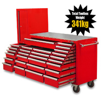 MAXIM Red 80” Workstation 28 Drawer Toolbox Stainless Steel Top - Latch Lock Drawers