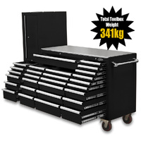 MAXIM Black 80” Workstation 28 Drawer Toolbox Stainless Steel Top - Latch Lock Drawers