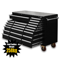 MAXIM Black 60” Roll Cabinet 22 Drawers Toolbox with Stainless Top - Latch Lock on Drawers