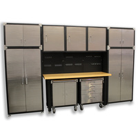 MAXIM 11 Piece Garage Storage System Wall Mounted - Timber Top Workbench, Tall Upright Storage Cabinet, Rolling Cabinets