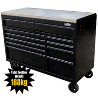 MAXIM 54” Black Roll Cabinet Toolbox with 10 Drawers & Stainless Top - Professional Mechanic Tool Box Storage for Workshops