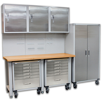 SEVILLE CLASSICS  8 Piece Garage Storage System Wall Mounted - Timber Top Workbench, Cabinet & 6 Drawer Rolling Cabinets