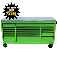 MAXIM 72” Green Roll Cabinet Toolbox with 16 Drawers & Stainless Top - Professional Mechanic Tool Box Storage for Workshops