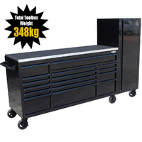 MAXIM 72” Black Roll Cabinet 21 Drawers, Stainless Top & Locker - Professional Mechanic Tool Box Storage for Workshops