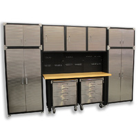 MAXIM 12 Piece Garage Storage System & Mounting Kit - Timber Top Workbench, Tall Upright Storage Cabinet, 4 Drawer Rolling Cab