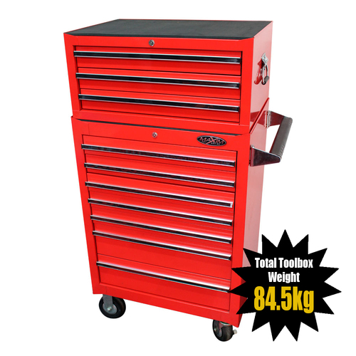 MAXIM 10 Drawer Combo Red Intermediate Tool Box & Roll Cabinet 680mm x 460mm x 1320mm Mechanic Workshop Heavy Duty Package 