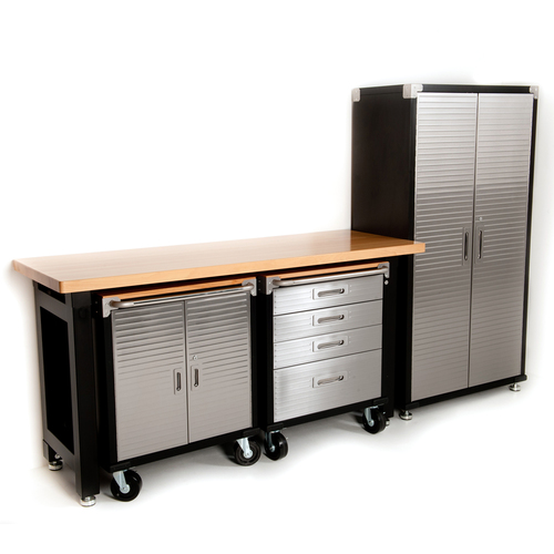 MAXIM HD 4 Piece Standard Garage Storage System Timber Workbench and Steel Upright Cabinet 2740mm x 630mm x 1740mm 