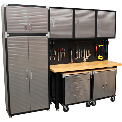 MAXIM 9 Piece Garage Storage System Wall Mounted - Timber Top Workbench, Upright Cabinets, Extension & Roll Cabinets 