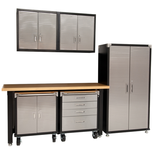 MAXIM HD 6 Piece Standard Garage Storage System Timber Workbench, Steel Upright Cabinet and Overhead Hanging Wall Cabinets