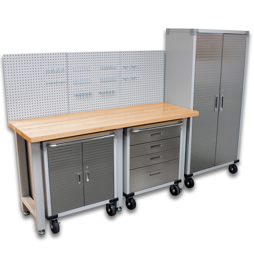 SEVILLE CLASSICS 5 Piece Garage Storage System with Mobile Rolling  Cabinets, Timber Workbench & Peg
