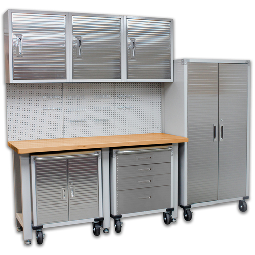 SEVILLE CLASSICS  8 Piece Garage Storage System Wall Mounted - Timber Top Workbench, Cabinet & Rolling Cabinets