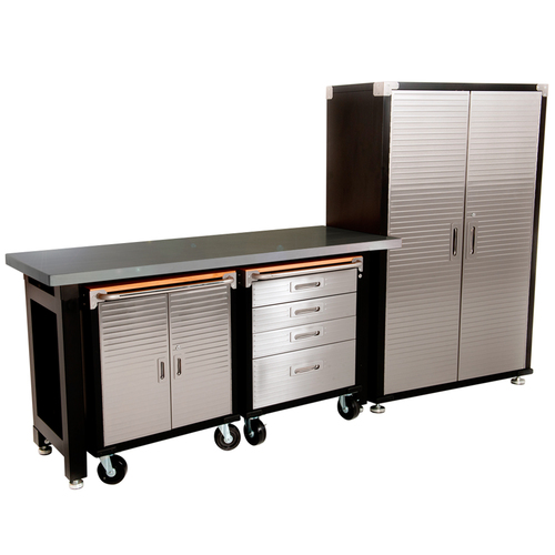 MAXIM HD 4 Piece Supersize Garage Storage System Stainless Workbench and Steel Upright Cabinet