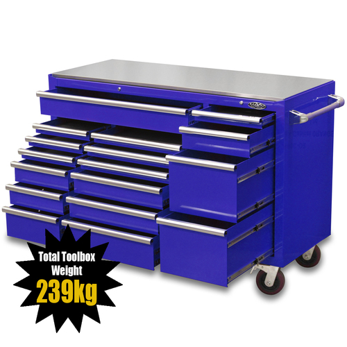 MAXIM Blue 60” Roll Cabinet 17 Drawers Toolbox Stainless Steel Top - Latch Lock on Drawers