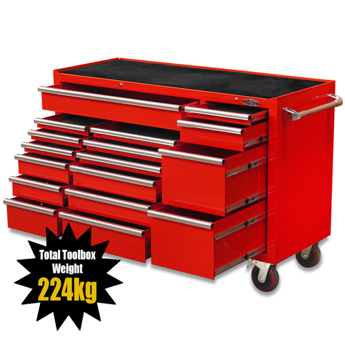 MAXIM Red 60” Roll Cabinet 17 Drawers Toolbox - Latch Lock on Drawers