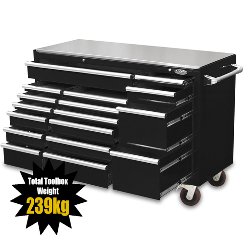  MAXIM Black 60” Roll Cabinet 17 Drawers Toolbox Stainless Steel Top - Latch Lock on Drawers 