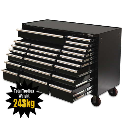 MAXIM Black 60” Roll Cabinet 22 Drawer Toolbox - Latch Lock on Drawers
