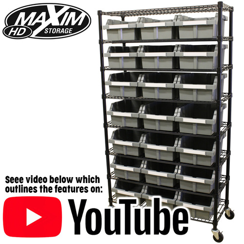 MAXIM HD 8 Shelf Commercial Bin Rack with 21 Grey Bins Wheels Mobile Racking