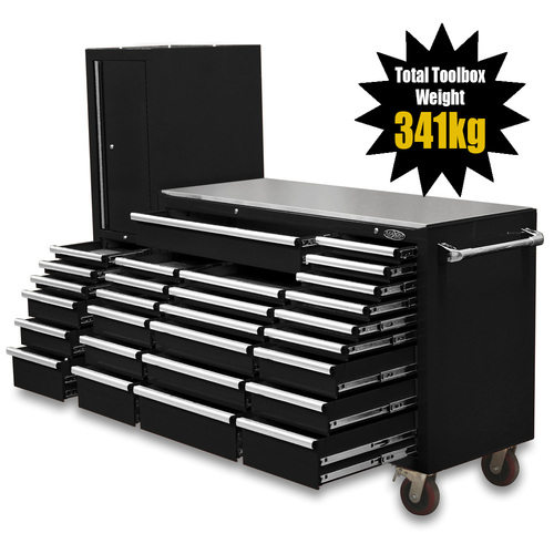 MAXIM Black 80” Workstation 28 Drawer Toolbox Stainless Steel Top - Latch Lock Drawers 