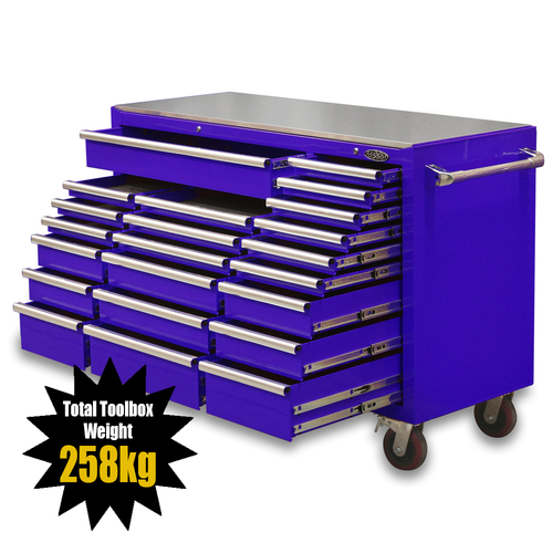 MAXIM Blue 60” Roll Cabinet 22 Drawers Toolbox with Stainless Top - Latch Lock on Drawers 