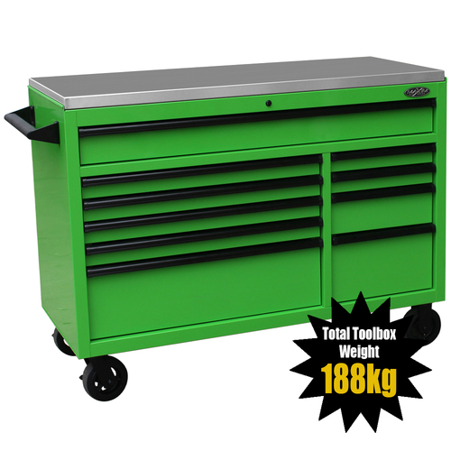MAXIM 54” Green Roll Cabinet Toolbox with 10 Drawers & Stainless Top - Professional Mechanic Tool Box Storage for Workshops