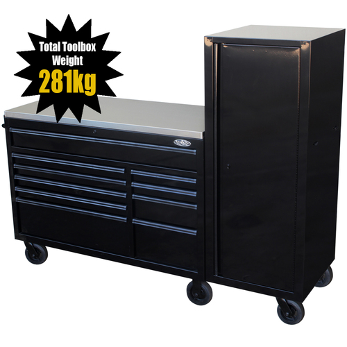 MAXIM 76” Black Workstation Toolbox with 15 Drawers & Stainless Top - Professional Mechanic Tool Box Storage for Workshops