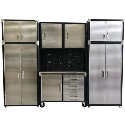 MAXIM HD 8 Piece Mid Size Garage Storage System Stainless Steel Top Roll Cabinet 8 Drawers