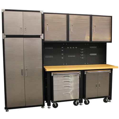 MAXIM 10 Piece Garage Storage System+ Mounting Kit - Timber Top Workbench, Upright Cabinet & Extensions