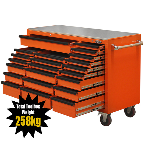 LIMITED EDITION MAXIM Orange 60” Roll Cabinet 22 Drawers Toolbox with Stainless Top - Latch Lock on Drawers