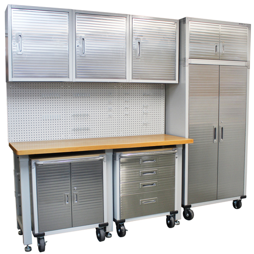 SEVILLE CLASSICS 10 Piece Garage Storage System + Mounting Kit - Timber Top Workbench, Upright Rolling Cabinet