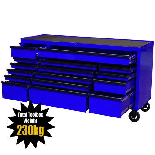 MAXIM 72” Blue Roll Cabinet Toolbox with 16 Drawers - Professional Mechanic Tool Box Storage for Workshops