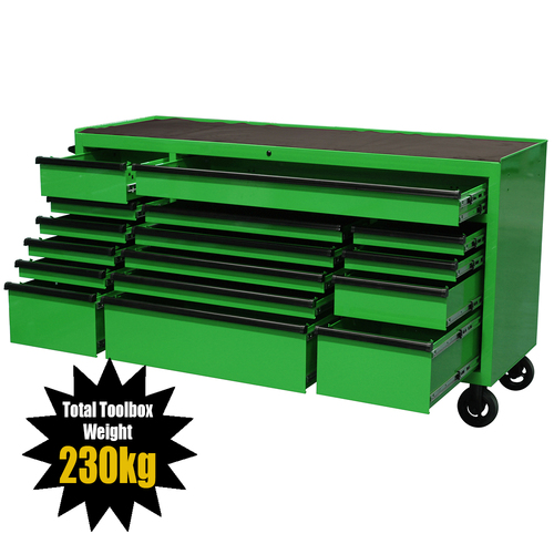MAXIM 72” Green Roll Cabinet Toolbox with 16 Drawers - Professional Mechanic Tool Box Storage for Workshops