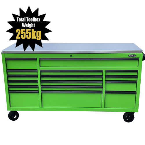 MAXIM 72” Green Roll Cabinet Toolbox with 16 Drawers & Stainless Top - Professional Mechanic Tool Box Storage for Workshops (Available May 31, 2022)