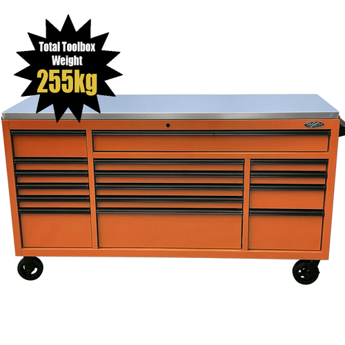 MAXIM 72” Orange Roll Cabinet Toolbox with 16 Drawers & Stainless Top - Professional Mechanic Tool Box Storage for Workshops 
