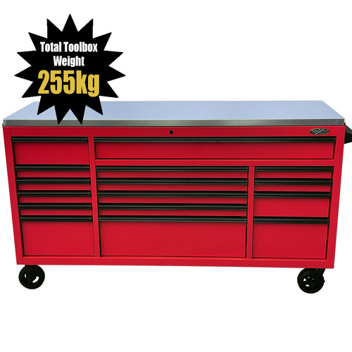 MAXIM 72” Red Roll Cabinet Toolbox with 16 Drawers & Stainless Top - Professional Mechanic Tool Box Storage for Workshops