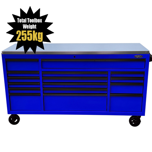 MAXIM 72” Blue Roll Cabinet Toolbox with 16 Drawers & Stainless Top - Professional Mechanic Tool Box Storage for Workshops  