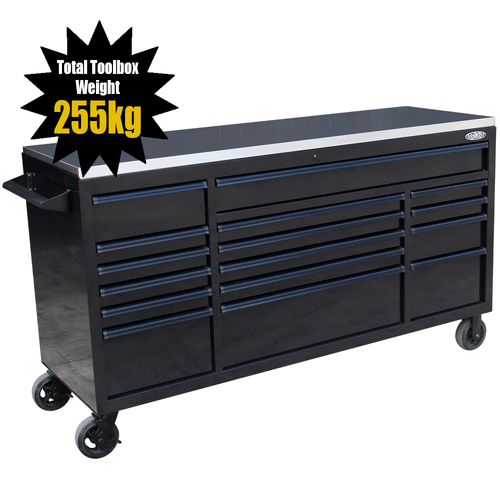 MAXIM 72” Black Roll Cabinet Toolbox with 16 Drawers & Stainless Top - Professional Mechanic Tool Box Storage for Workshops (Available June 30, 2022)