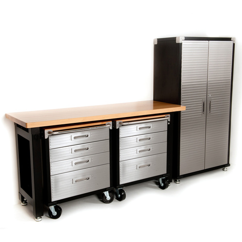 MAXIM HD 4 Piece Standard Garage Storage System Timber Workbench and Steel Upright Cabinet 2740mm x 630mm x 1740mm (4D) 