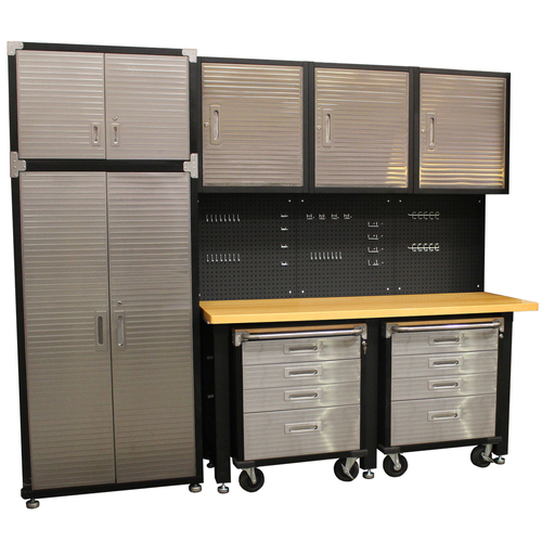 MAXIM 10 Piece Garage Storage System+ Mounting Kit - Timber Top Workbench, Upright Cabinet, Extension, 4 Drawer Roll Cabinets 
