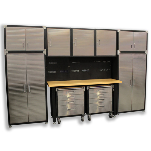 MAXIM 11 Piece Garage Storage System Wall Mounted - Timber Top Workbench, Upright Cabinet, 4 Drawer Rolling Cabinets 