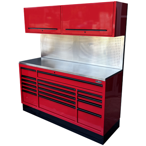 MAXIM 72” Red Workstation with 16 Drawers, Peg Board, 2 x Cabinets - Heavy Duty Stationary Work Area with Massive Tool Storage 