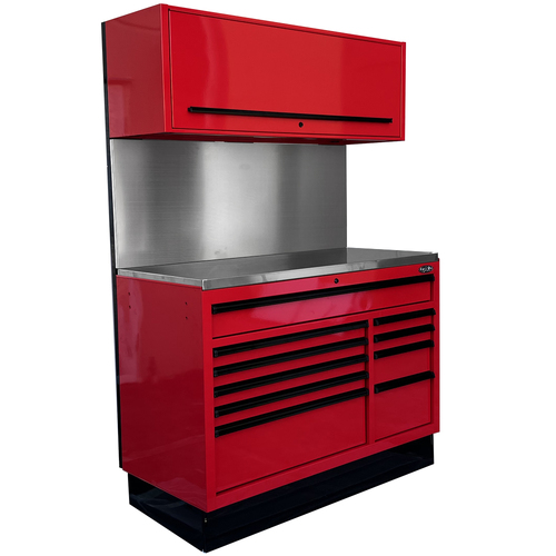 MAXIM 54” Workstation with 10 Drawers, Splashback, Top Cabinet - Heavy Duty Stationary Work Area with Massive Tool Storage